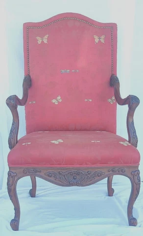 Vintage Georgian Style Carved Chair Butterflies Dragonflies Upholstery Sherrill Cover