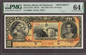 Messico Banco de Zacatecas 20 Pesos 1891-1914 SPECIMEN P-S477s CH UNC PMG 64 EPQ - Foto 1 di 2