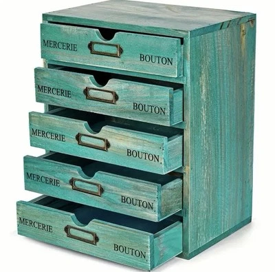 Vintage Holz Desktop Büro türkis gebeizt  Schubladen Box Organizer Schränkchen  - Bild 1 von 4