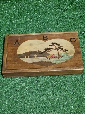 Vintage Wooden ABC Game Alphabet Tiles Slide Lid Box Japanese Mountain Scene - Image 1 of 4