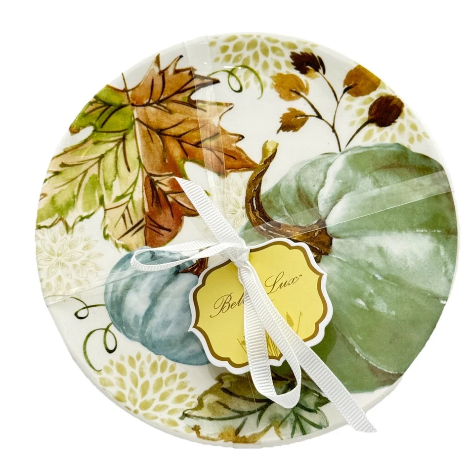 Bella Lux Fall Pumpkin Dessert Plate Set Of 4 Teal Orange Green - Image 1 of 1
