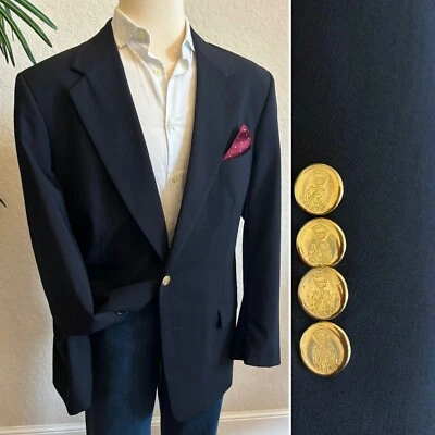 SAVILE ROW SIZE 46L BLAZER SPORT COAT NAVY BLUE JACKET GOLD BUTTONS LONG FIT - Image 1 of 4