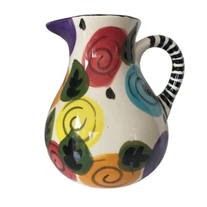 Colorful Pier 1 Folk Art Hand Painted Mexican Pottery Pitcher - Picture 1 of 11
