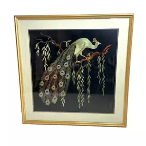 Antique Oriental Style Silk Embroidered Picture Framed Peacock Ada Emily Dredger - Picture 1 of 9