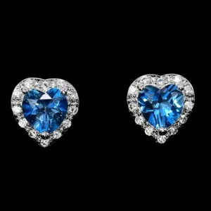 GENUINE AAA LONDON BLUE TOPAZ & WHITE CZ STERLING 925 SILVER HEART STUD EARRING - Picture 1 of 6