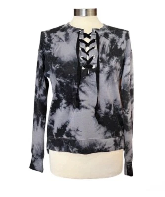 Moletom Mudd Tie-dye com cadarço frontal preto cinza macio elástico feminino pequeno - Imagem 1 de 4