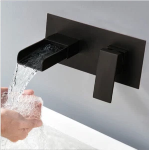 Black Bathroom Faucet Waterfall Spout Wall Mount Mixer Concealed Box 1Handle Tap - Picture 1 of 9