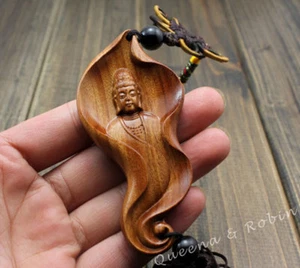 Chinese Rose Wood Carving Leaf Guan Kwan Yin Buddha Statue Car Pendant Amulet - Picture 1 of 5