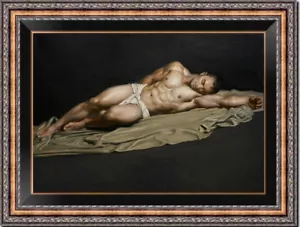 dipinto olio originale fatto a mano arte giovane uomo nudo su tela 24"X36" - Foto 1 di 2