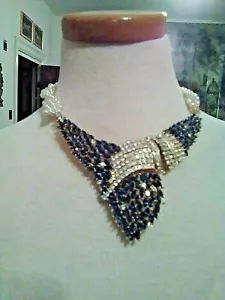 VINTAGE HALSKETTE SET FUNKELNDER COLLIER KUNST BLAUE SAPHIRE + OHRRINGE & ARMBAND - Bild 1 von 10