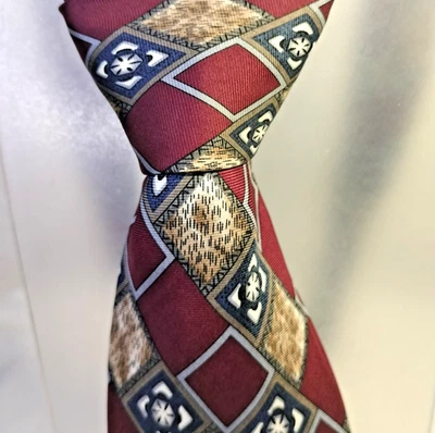 Barrington Tie Silk Geometric Pattern Necktie Made in USA Burgundy Blue Tan Wide - Image 1 of 4
