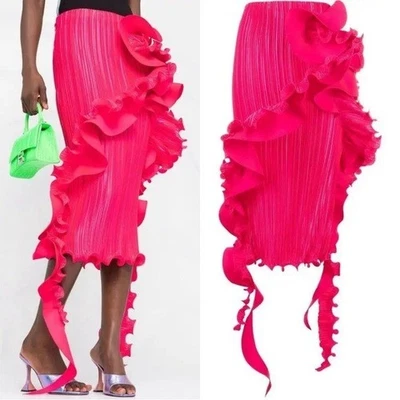 Versace Ruffle Trim Pleated Satin Midi Skirt Size 10 NWT Barbie Pink - Image 1 of 4