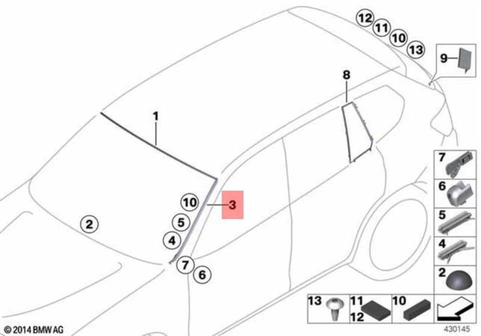 BMW OEM 11-16 X3 Parabrisas-Pilar Moldura Lateral Borde Envolvente Derecho 51317286180 Foto 1 de 1