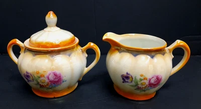 Conjunto de lustros laranja vintage Alemanha creme e tigela de açúcar com tampa design floral - Imagem 1 de 4