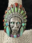 Native American Zuni Indian Chief Sterling Turquoise Multi Stone Inlay Ring