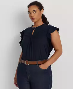 RALPH LAUREN Women's Plus Size Lace-Trim Jersey Flutter-Sleeve Blouse $125  2X - Picture 1 of 2