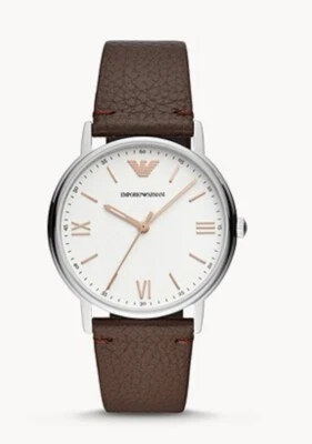 Emporio Armani AR11173 Silver Tone White Dial Brown Leather Band For Men - Image 1 of 4
