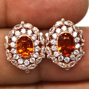 925 Sterling Silver Fanta Orange Spessartite Garnet & Cubic Zirconia Earrings - Picture 1 of 4