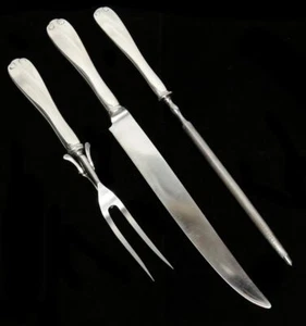 TIFFANY & CO FLEMISH STERLING SILVER 3 PIECE 14 1/2" CARVING KNIFE & FORK SET - Picture 1 of 3