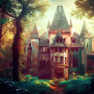 Castillo mágico en el bosque estilizado estampado artístico - 12 x 18 pulgadas - Imagen 1 de 1