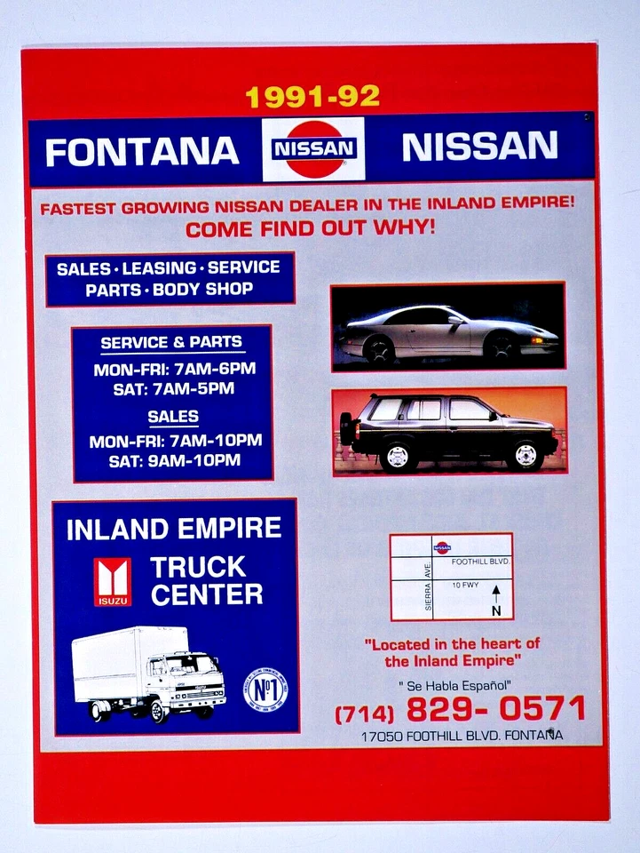 Anuncio impreso original Fontana Nissan California Regional Vintage 1991 8,5 x 11" Foto 1 de 4