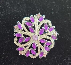 Vintage Flower Brooch Pin Purple Pavé Rhinestones Silver Tone Metal - Picture 1 of 5