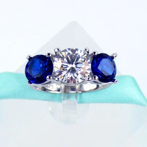 2Carat Moissanite Blue Sapphire 3 Stone Engagement Ring 925 Sterling Silver - Picture 1 of 7