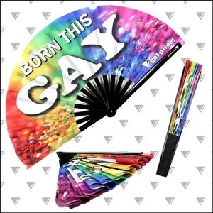 Born This Gay Large Bamboo Folding Clack Hand Fan for Rave Festival LGBT Pride - Picture 1 of 7