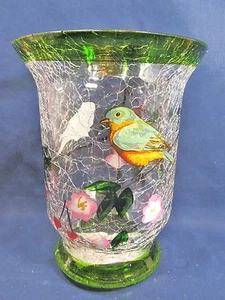 Kleiner Stumpenkerzenhalter handbemalt Crackle Glas Wohndeko grüner Vogel (B) - Bild 1 von 2