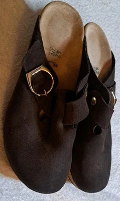 Tamanco Birkenstock Papillio Fanny anel fivela camurça marrom tamanho 42 estreito EUA 11 - Imagem 1 de 4