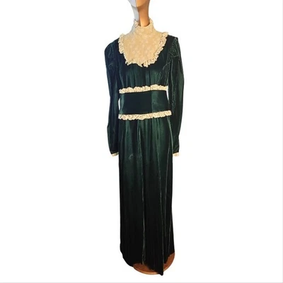 Handmade Vtg Forest Green Velvet Maxi Dress With White/green Lace Trim Gothic - Image 1 of 4
