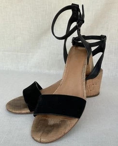 COACH “Thompson” Black Suede/Smooth Leather Ankle-Strap Cork Heel Sandals Sz 8.5 - Picture 1 of 12