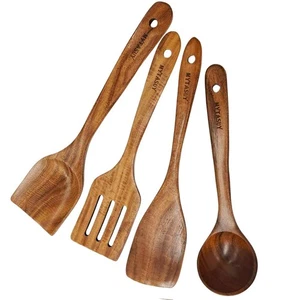 4 Pcs Wooden Spoons for Cooking-Non Scratch Cooking Utensil Set Natural Solid... - Picture 1 of 7
