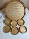 Vintage Bamboo Weaved Rattan Round Serving Tray 11” with 6 Coasters Set