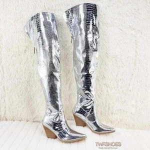 Size 6 Centura Silver Country Western thigh high Cowgirl Boots - Picture 1 of 12
