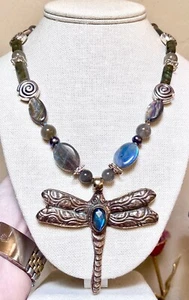 WONDERFUL Ornate Sterling Silver Labradorite, Pearl, Abalone Dragonfly Necklace - Picture 1 of 12