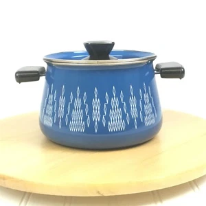 IMPERFECT READ Vintage Unbranded Blue Enamel Pot with Lid Atomic Diamond Pattern - Picture 1 of 10