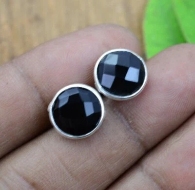 Naturale Sfaccettato Onice Nera Orecchini a Lobo 925 Argento Sterling Quotidiano - Immagine 1 di 4