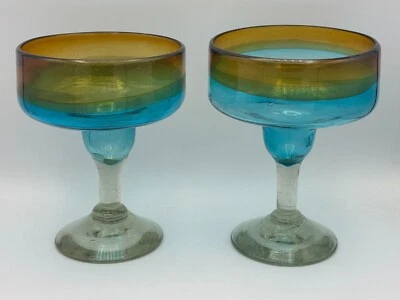 Juego de 2 vasos de margarita mexicanos soplados a mano, turquesa/ámbar/vidrio transparente Foto 1 de 4