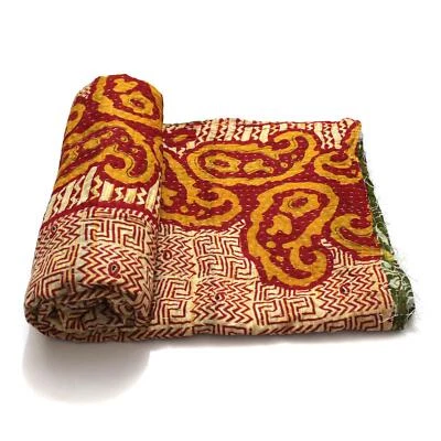 Vintage Kantha Quilt Indian Handmade Cotton Bedspread Organic Throw Bedding - Image 1 of 4