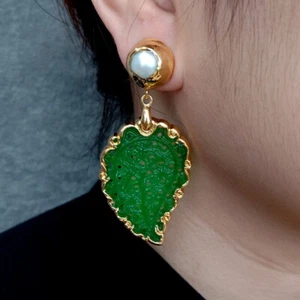 Green Jade Carved Leaf Shape White Pearl Stud Dangle Earrings - Picture 1 of 5