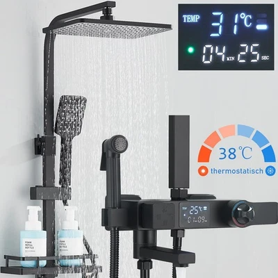 Thermostat LED Duscharmatur Schwarz Duschset Regendusche Duschsystem Handbrause - Bild 1 von 4