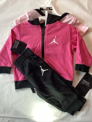 Jordan 女孩 3 件套粉色和黑色套装 6 个月 — 第 1/4 张图片