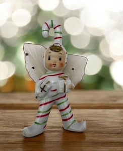 Lefton Candy Cane Pixie Elf with Wings Ceramic Figurine Japan Holding Gifts - Picture 1 of 11