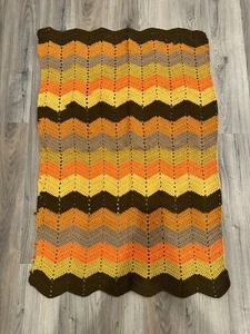 Vtg Afghan Blanket Chevron Brown Yellow Orange Retro Throw 43x27 Granny Fire🔥 - Picture 1 of 5