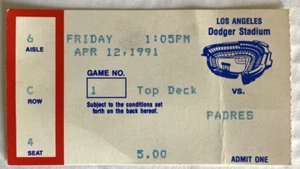 Game TICKET STUB MLB LA April 12, 1991 Dodgers vs Padres - Picture 1 of 3