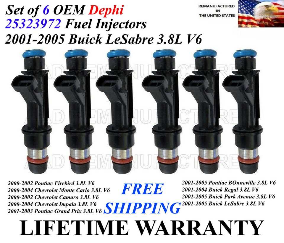Genuine Delphi Set of 6 Fuel Injectors For 2001-2005 Buick LeSabre 3.8L V6 - Image 1 of 1