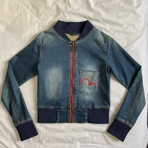 EVISU Womens Denim Bomber Jacket Size M Stretch Cotton Japan Logo Distressed Y2K - Picture 1 of 12