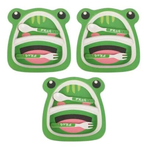 3 Sets Bambusfaser-Kindergeschirr-Set, Cartoon-Frosch-Design, geteilte Teller - Bild 1 von 12