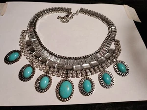 COSTUME NECKLACE CHOKER BIB FAUX TURQUOISE & MIRROR RINESTONES BLING 18" - Picture 1 of 9